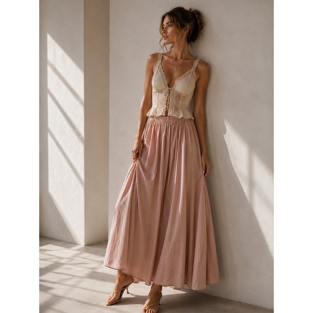 T Tahari Maxi Skirt Pink Elastic Waist Size M Flowy Pockets Boho Boho